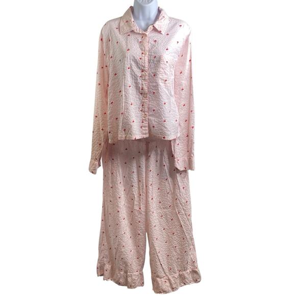 Aerie Womens Pink Two Piece Cherry Print Pajamas Set Size XL Soft Comfy Lounging - Picture 1 of 16